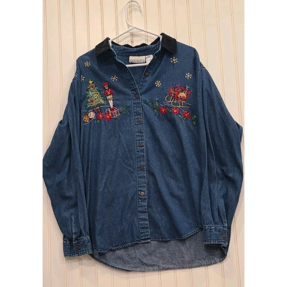 Vintage Casey & Max Denim Embroidered Christmas Button Shirt Corduroy XL